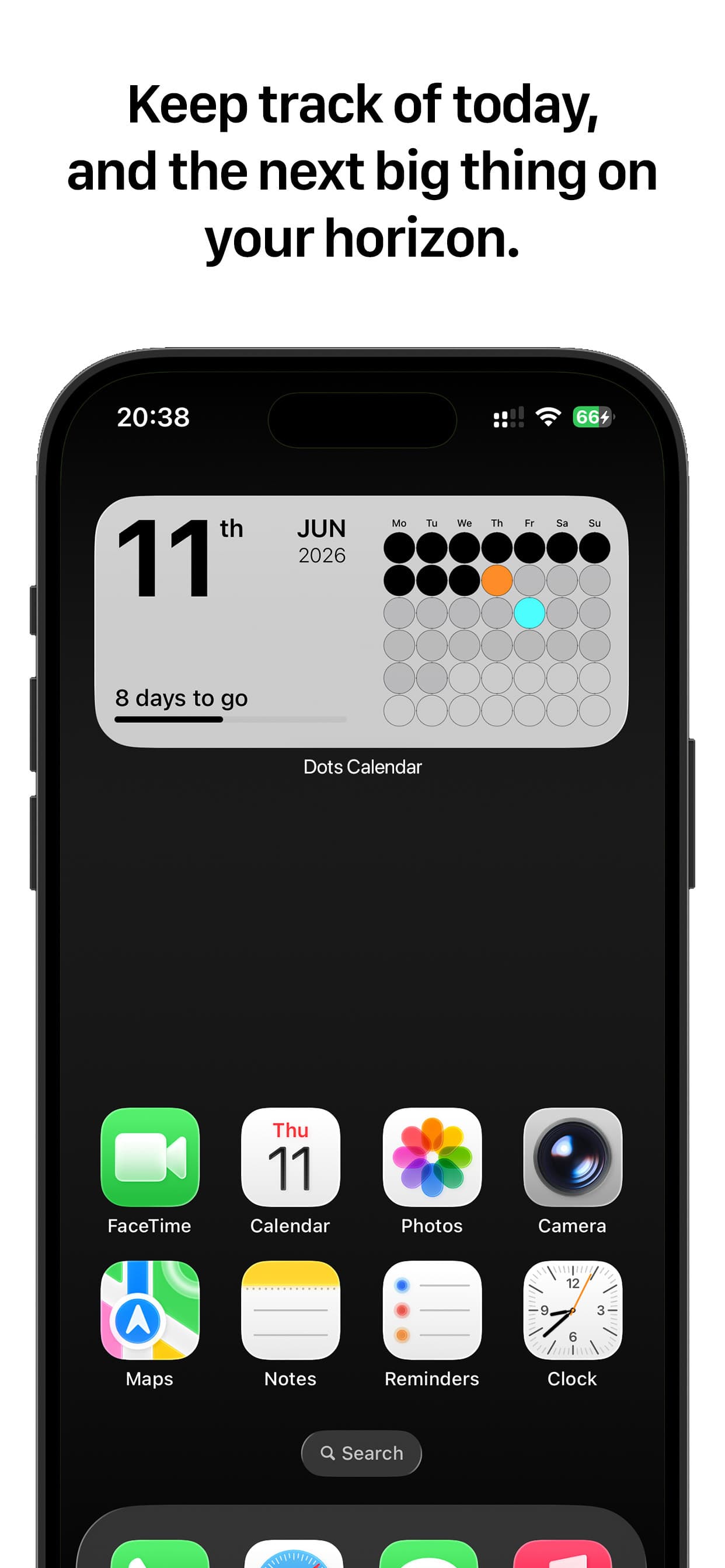 Dots Calendar medium widget on the iOS home screen, counting down to a date in June