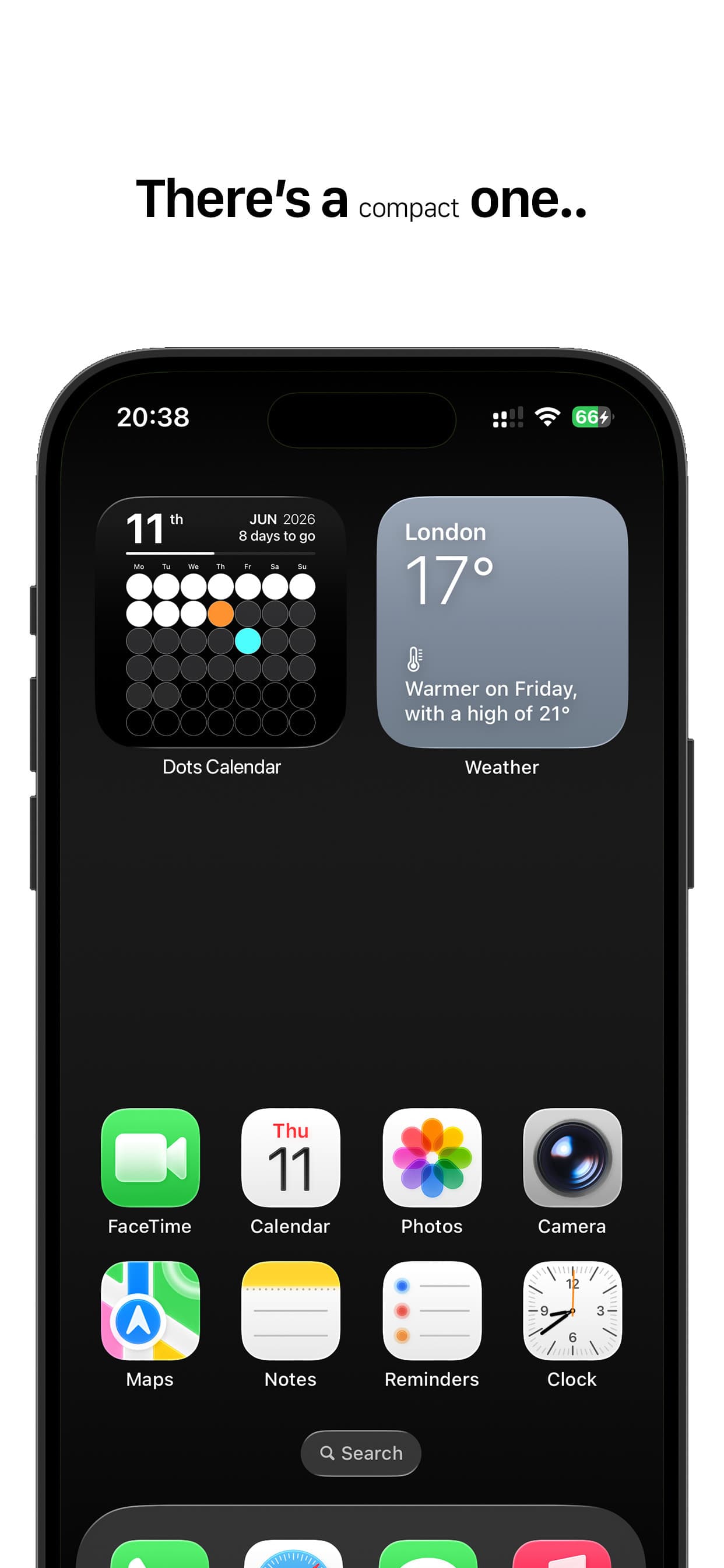 Dots Calendar compact widget beside the Weather widget