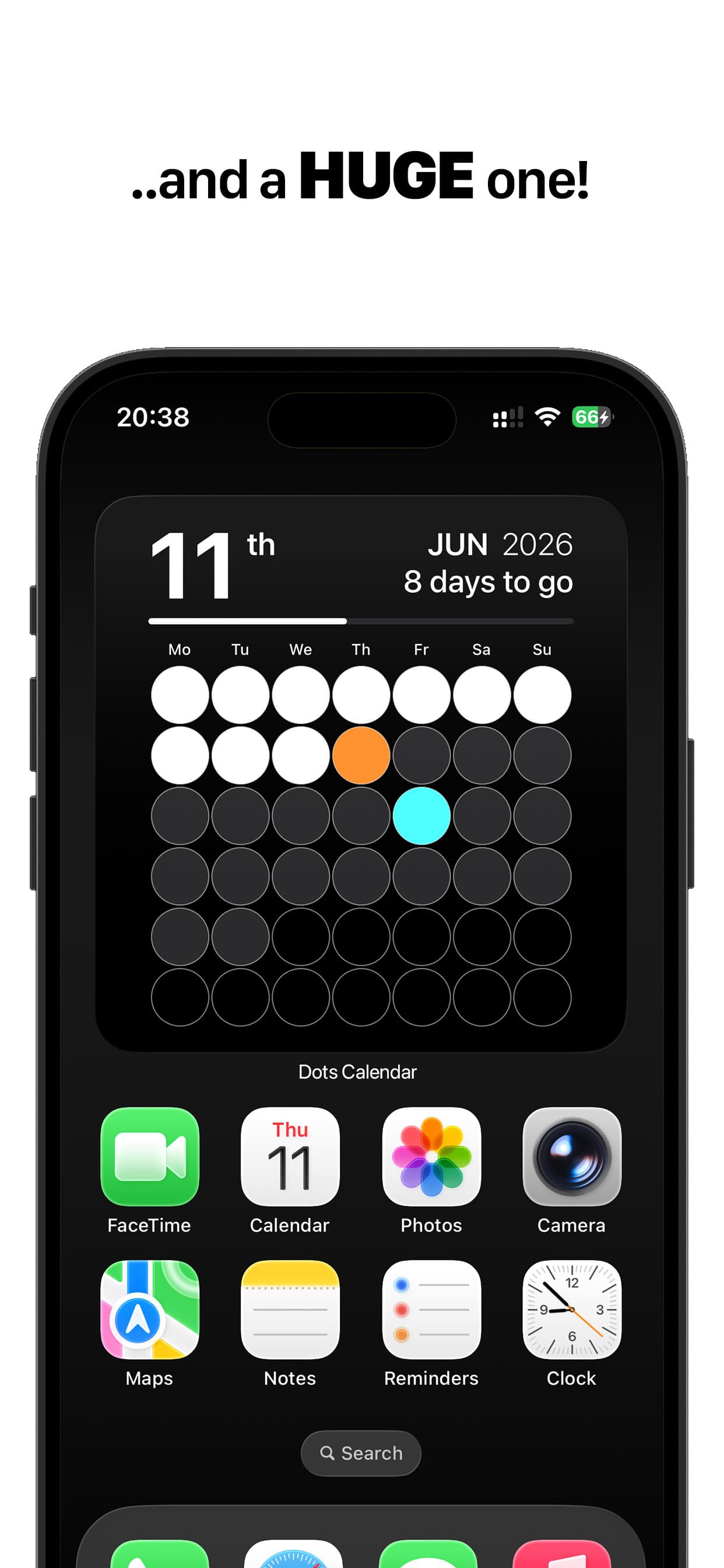 Dots Calendar large widget filling a home-screen row
