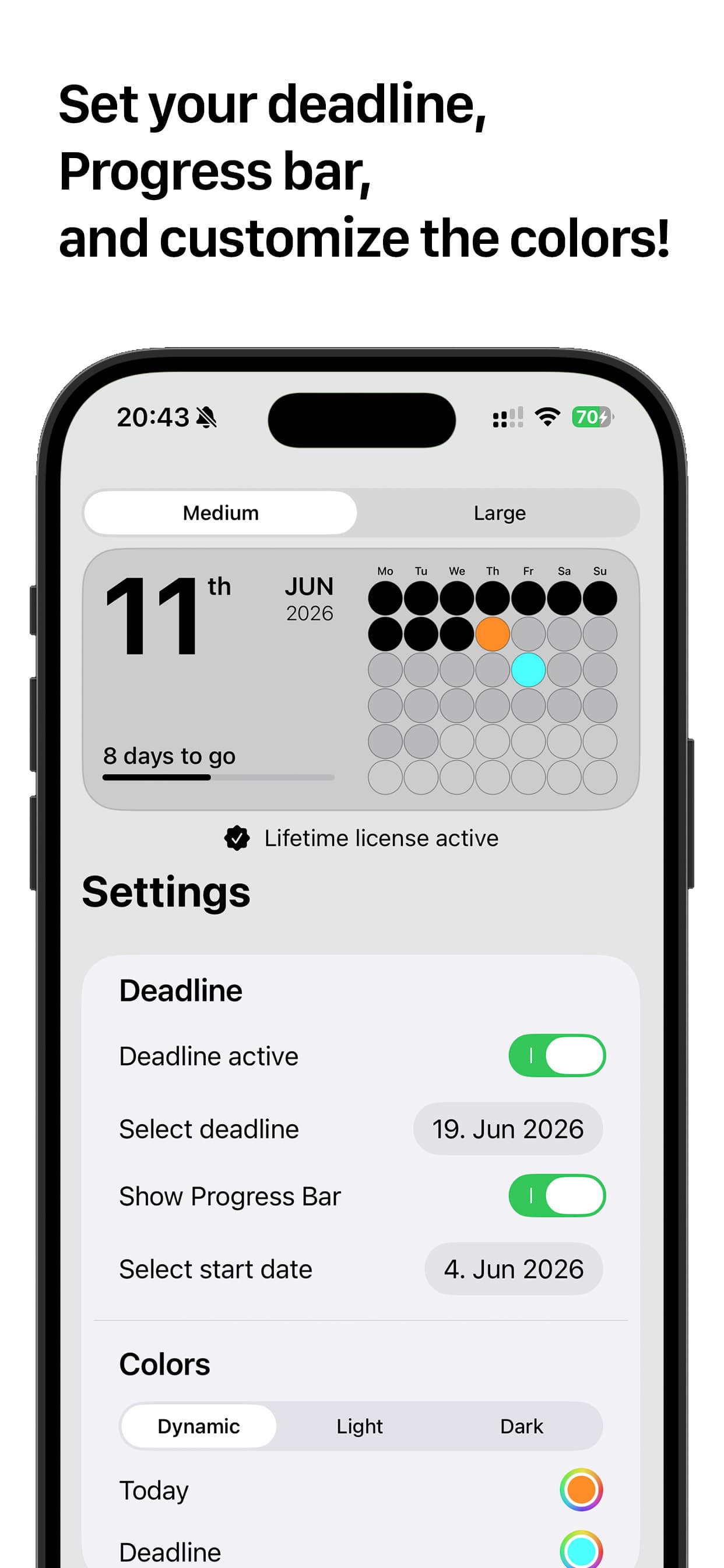 Dots Calendar settings — deadline, progress bar and colour options