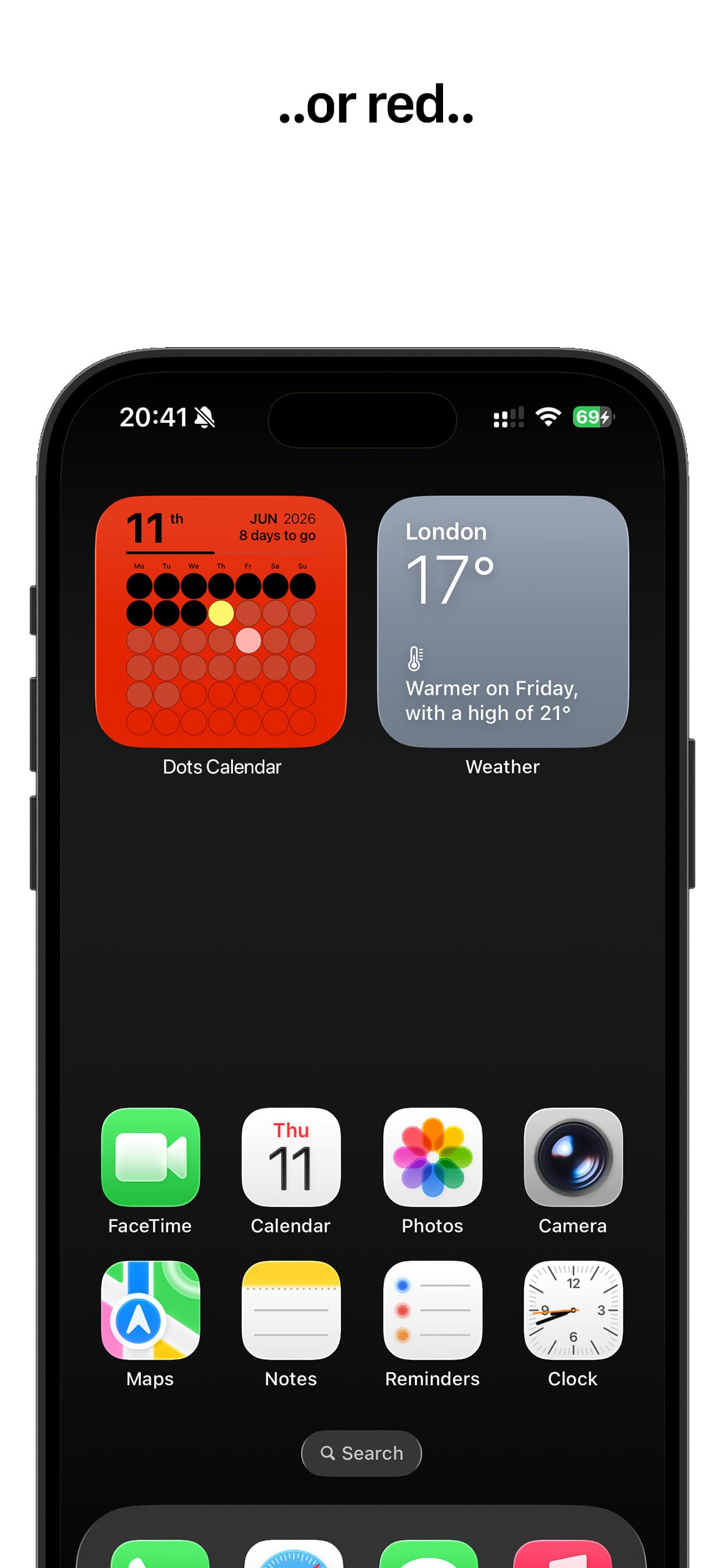 Dots Calendar compact widget in a red theme, beside the Weather widget