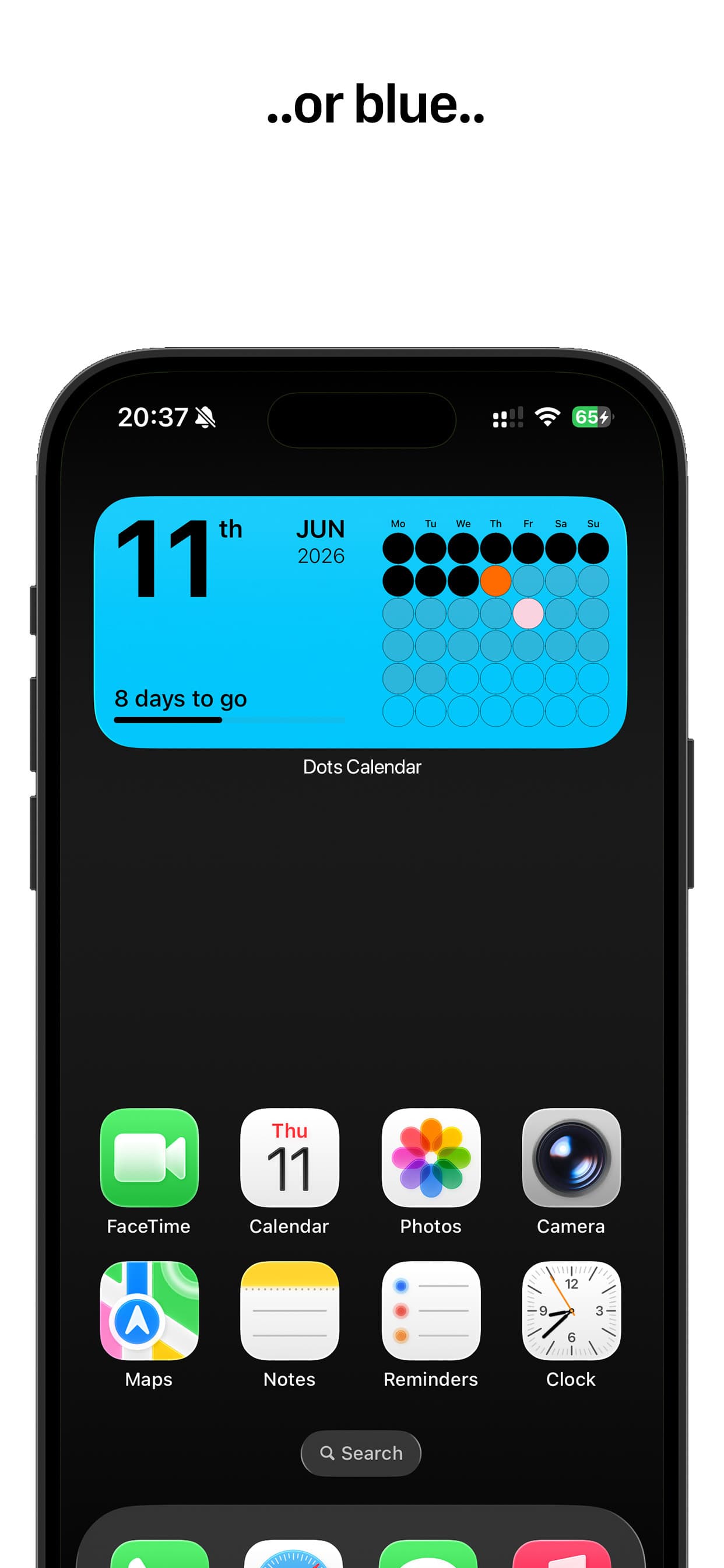 Dots Calendar widget in a blue theme