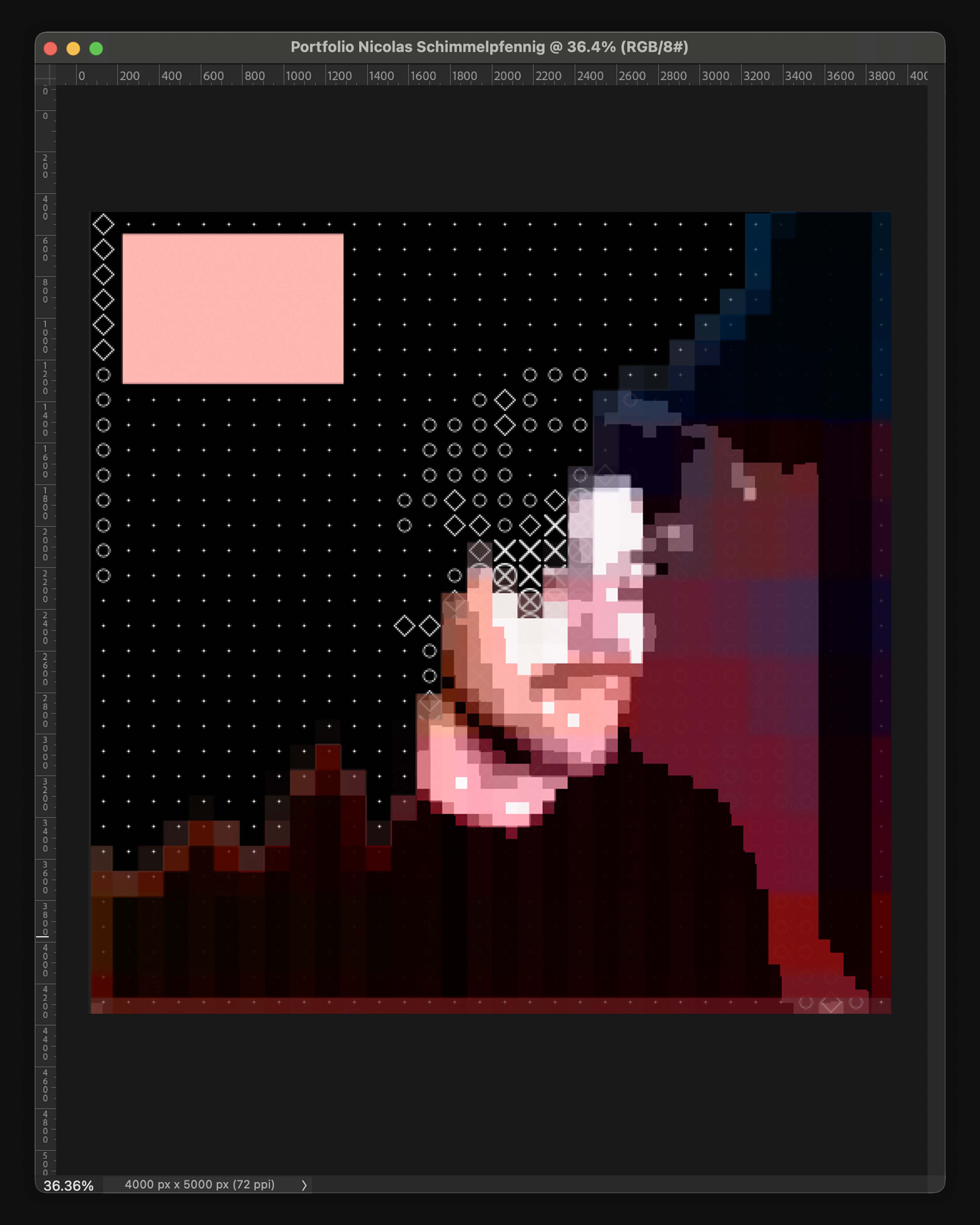 In this iterration, a pixalated version of the source image is blended in.