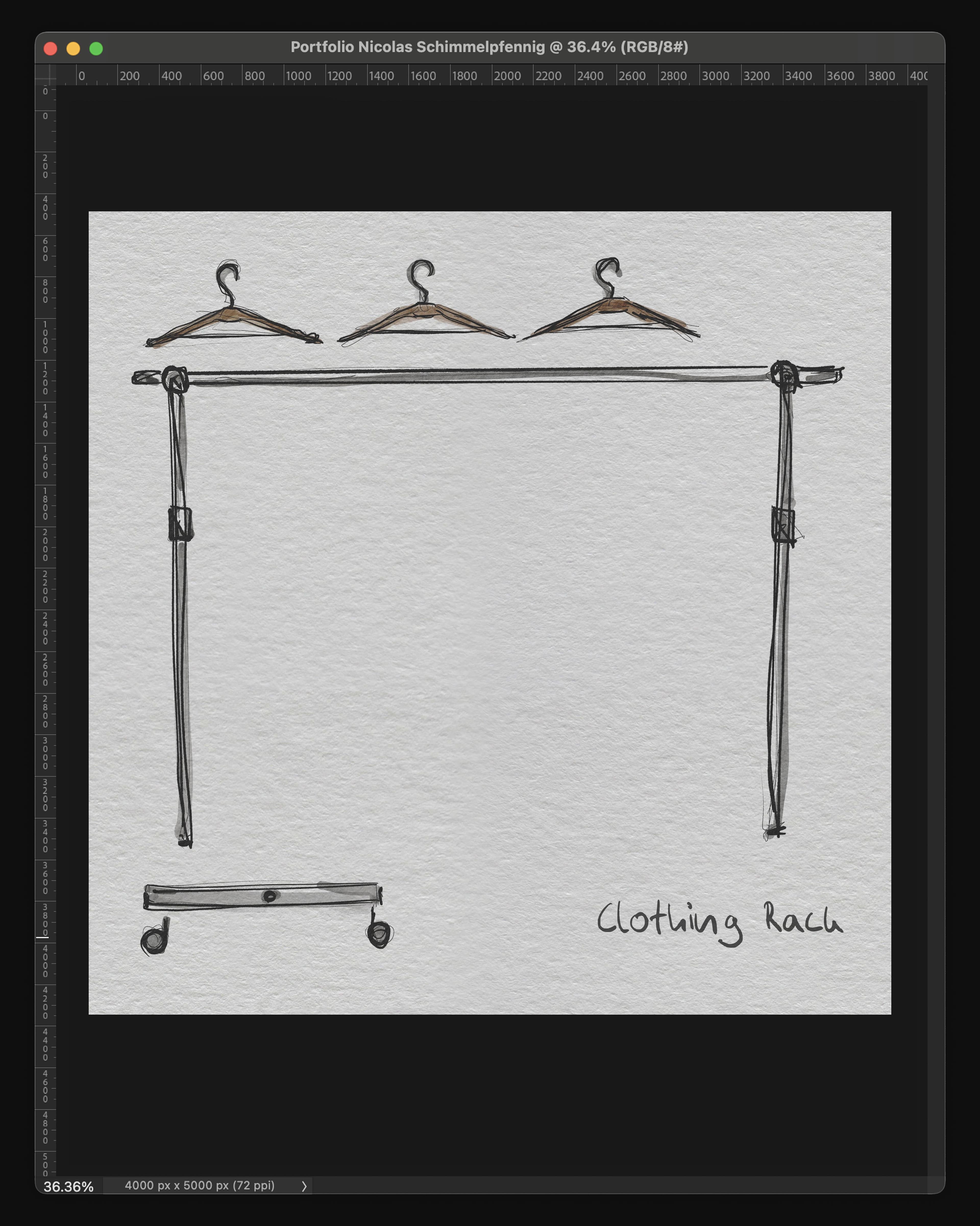Watercolour illustration of the clothing rack in its individual parts.