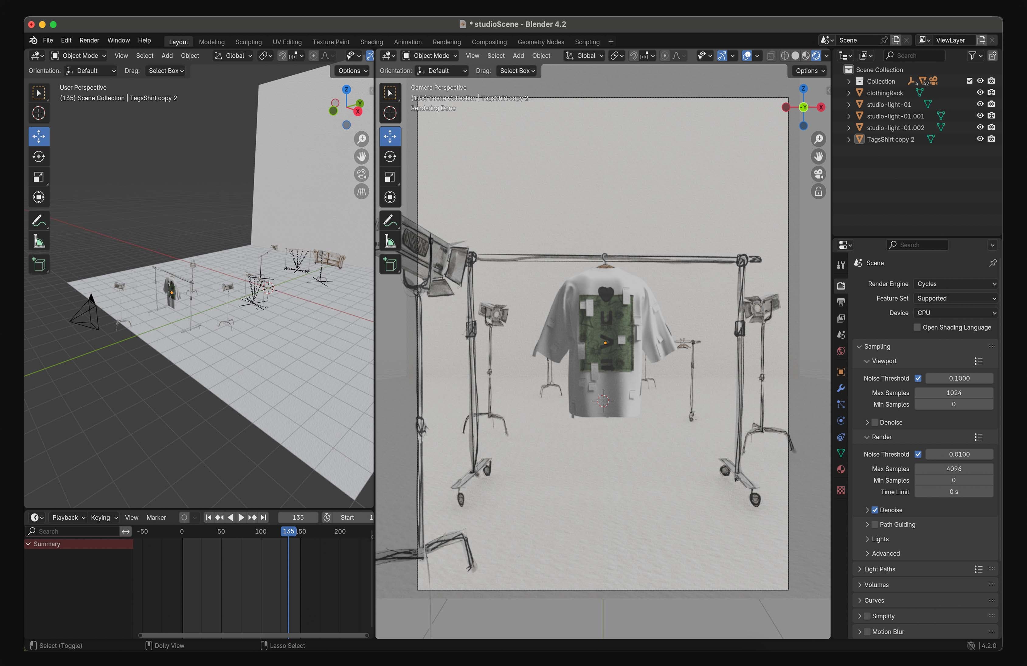The 3D scene in belnder, after the watercolour assets have been virtually ‘folded’.
