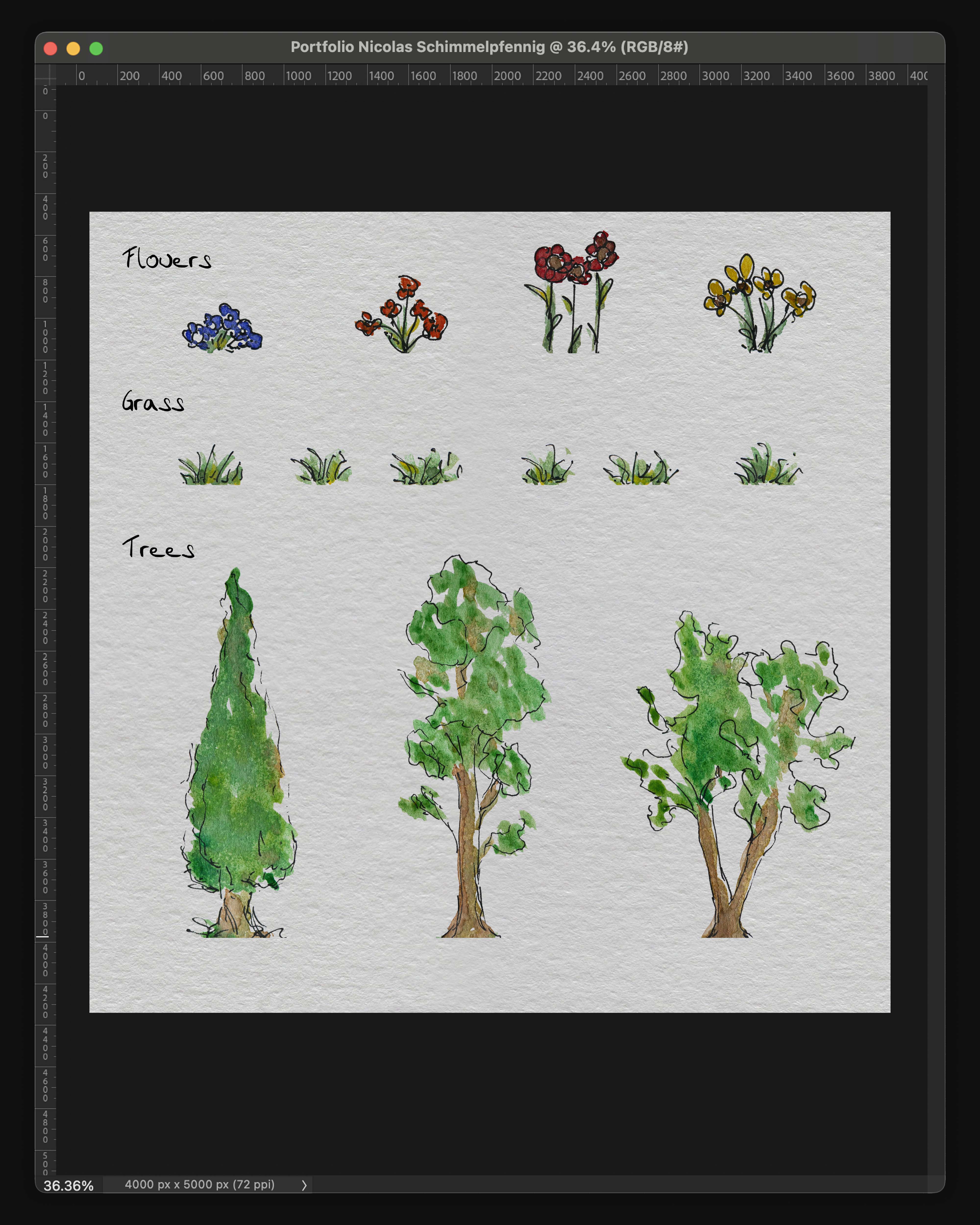 Scan of a a page of trees and flowers.